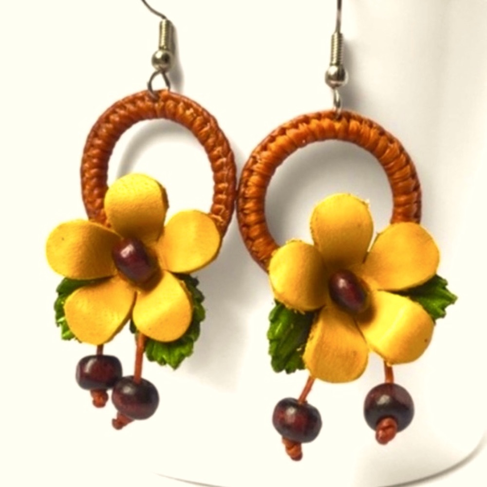 New! Handcrafted Leather Yellow Hibiscus Flower Handmade Earrings